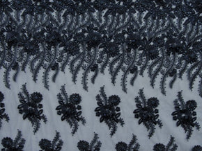 Navy Flower Heavy Embroidery Mesh With Hand-Made Beaded Lace Fabric