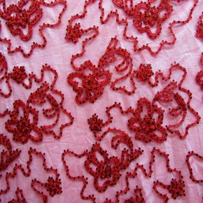 Red Fancy Embroidery & Sequins on Polyester Mesh