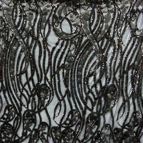 Black Matte Shiny Two-Tone Wavy Sequins Pattern on Polyester Mesh