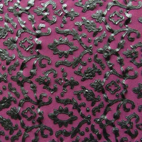 Black/Wine/Black Ribbon Lace on Stretch Mesh