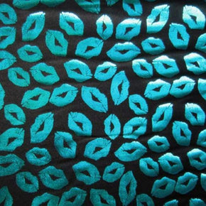Turquoise/Black Lips Print Metallic Foil on Nylon Spandex