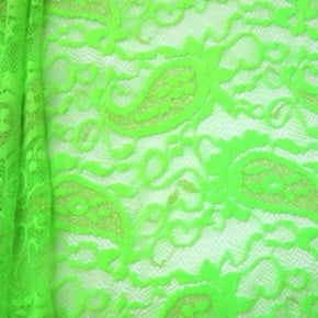 Neon Green/Gold Metallic Thread Paisley Lace on Lace