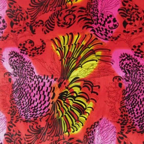 Red/Purple/Yellow Abstract Feather Printed Velvet