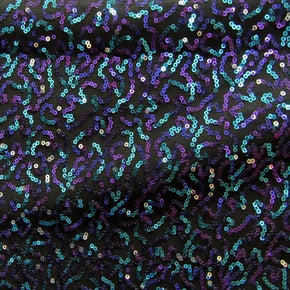 Turquoise/Purple/Black Shiny Fancy Squiggle 2mm Sequins on Stretch Mesh