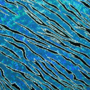 Turquoise/Black Holographic Thunder Bolt Printed Metallic Foil on Spandex