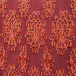 Red Heavy Embroidery Lace On Mesh With Scalloped Sides Fabric
