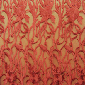 Burgundy Heavy Embroidery Lace On Mesh With Scalloped Sides Fabric