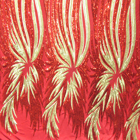 Red/Gold Fancy Wavy  Sequin On Mesh Fabric