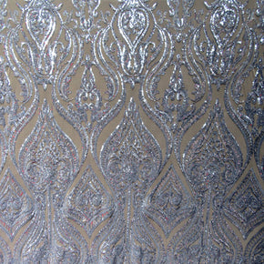 Silver/Nude 2Mm Fancy Paisley Sequin On Mesh Fabric
