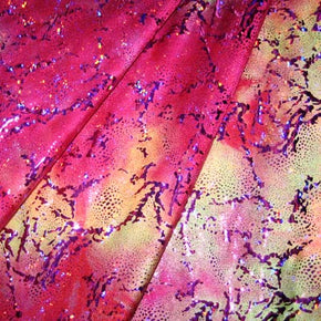 Fuchsia Holographic  Seascape Foil On Spandex Fabric