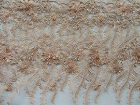 Gold/Gold Flower Heavy Embroidery Mesh With Hand-Made Beaded Lace Fabric