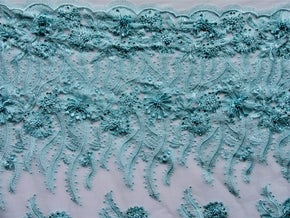Light Blue Flower Heavy Embroidery Mesh With Hand-Made Beaded Lace Fabric