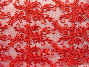  Red Fancy Embroidery with Scalloped Sides on Polyester Mesh