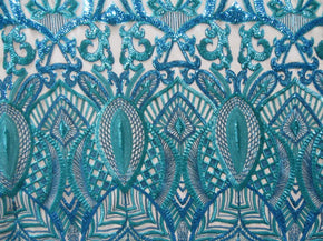 Turquoise Fancy Embroidery & 2mm Sequins on Mesh