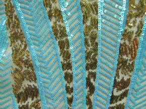  Blue/Gold Fancy Two-Tone Palm Leaves 2mm/5mm Sequins on Polyester Spandex
