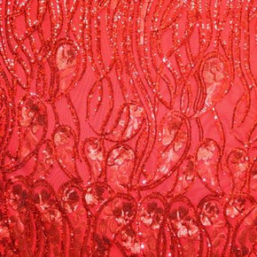  Red Matte Shiny Two-Tone Wavy Sequins Pattern on Polyester Mesh