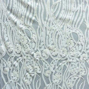  White Matte Shiny Two-Tone Wavy Sequins Pattern on Polyester Mesh