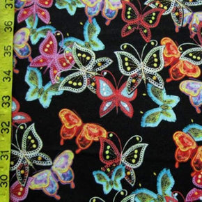 Multi-Colored Bright Butterflies on Black Print on Polyester Spandex