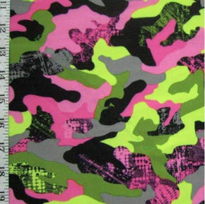  Black/Pink/Apple Green Camouflage Print on Polyester Spandex