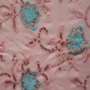  Turquoise/Pink Embroidery & Floral Sequins on Stretch Mesh