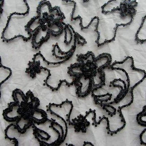  Black Fancy Floral Satin Embroidery & Sequin on Polyester Mesh