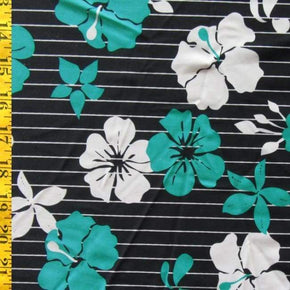  Turquoise/White/Black Floral Print on Polyester Spandex