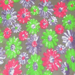  Pink/Lavender/Green Shiny Floral Sequins on Mesh