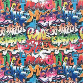 Multi-Colored Graffiti Print Interlock Vinyl with PU Coating