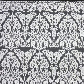  White/White Fancy Heavy Embroidery Floral Cord Lace on Stretch Mesh