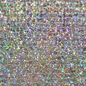 Silver/White Shiny Holographic Sequins on Stretch Mesh