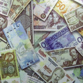Multi-Colored Shiny International Money Print on Nylon Spandex