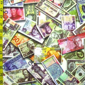 Multi-Colored International Money Print on Polyester Spandex