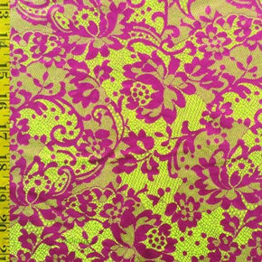  Fuchsia/Neon Green Leaf Print Metallic Foil on Polyester Spandex