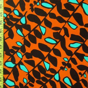  Orange/Black/Sky blue Leaf Print on Polyester Spandex