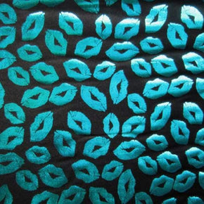  Turquoise/Black Lips Print Metallic Foil on Nylon Spandex