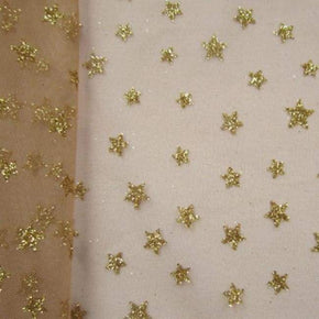  Gold/Mocha Metallic Stars Glitter Print on Stretch Mesh