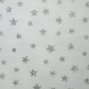  Silver/White Metallic Stars Glitter Print on Stretch Mesh