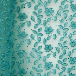 Turquoise Fancy Floral Sequins & Metallic Thread on Lace