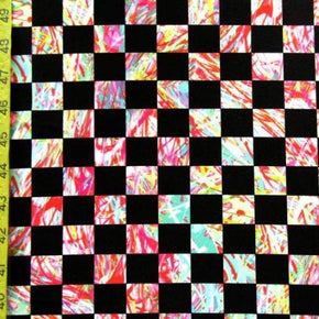 Multi-Colored Checkerboard on Child's Drawing Print on Polyester Spandex