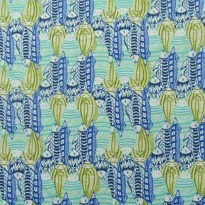  Blue/Gold/Green Fish Drawing Print on Polyester Spandex