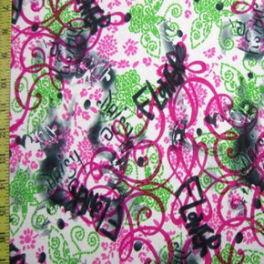 Multi-Colored Scribbles on Floral Print on Polyester Spandex
