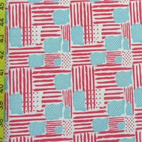  Pink/Light Blue/White Lines & Squares Print on Polyester Spandex