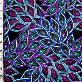  Purple/Black/Green Leaves Print on Nylon Spandex