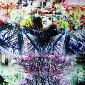 Multi-Colored Cityscape & Floral Collage Print on Polyester Spandex