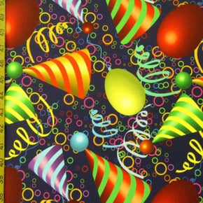 Multi-Colored Party Hats & Balloons Print on Polyester Spandex