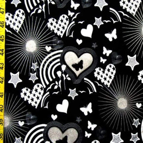  Black/White/Silver Hearts & Stars Glitter Print on Nylon Spandex
