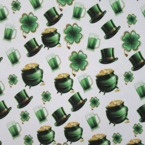  Kelly/White Top Hats & Clovers Print on Polyester Spandex
