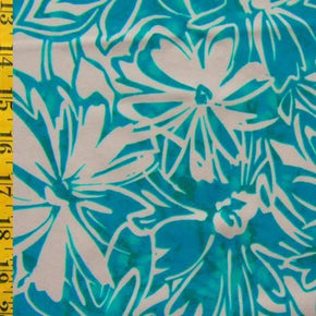  White/Turquoise Floral Drawing Print on Nylon Spandex