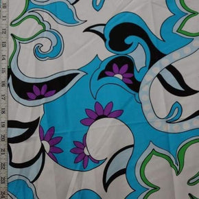  White/Turquoise/Purple Abstract Bird & Fish Print on Nylon Spandex