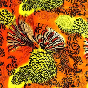  Red/Orange/Yellow Abstract Feather Printed Velvet 